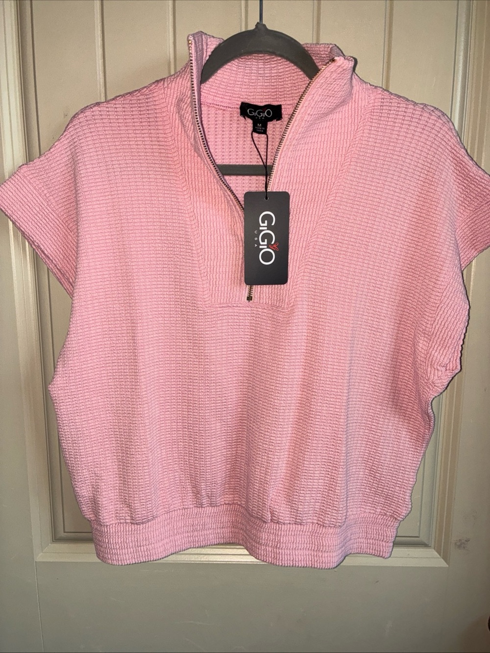 GIGIO Pink Short-Sleeve Knit Half-Zip Top